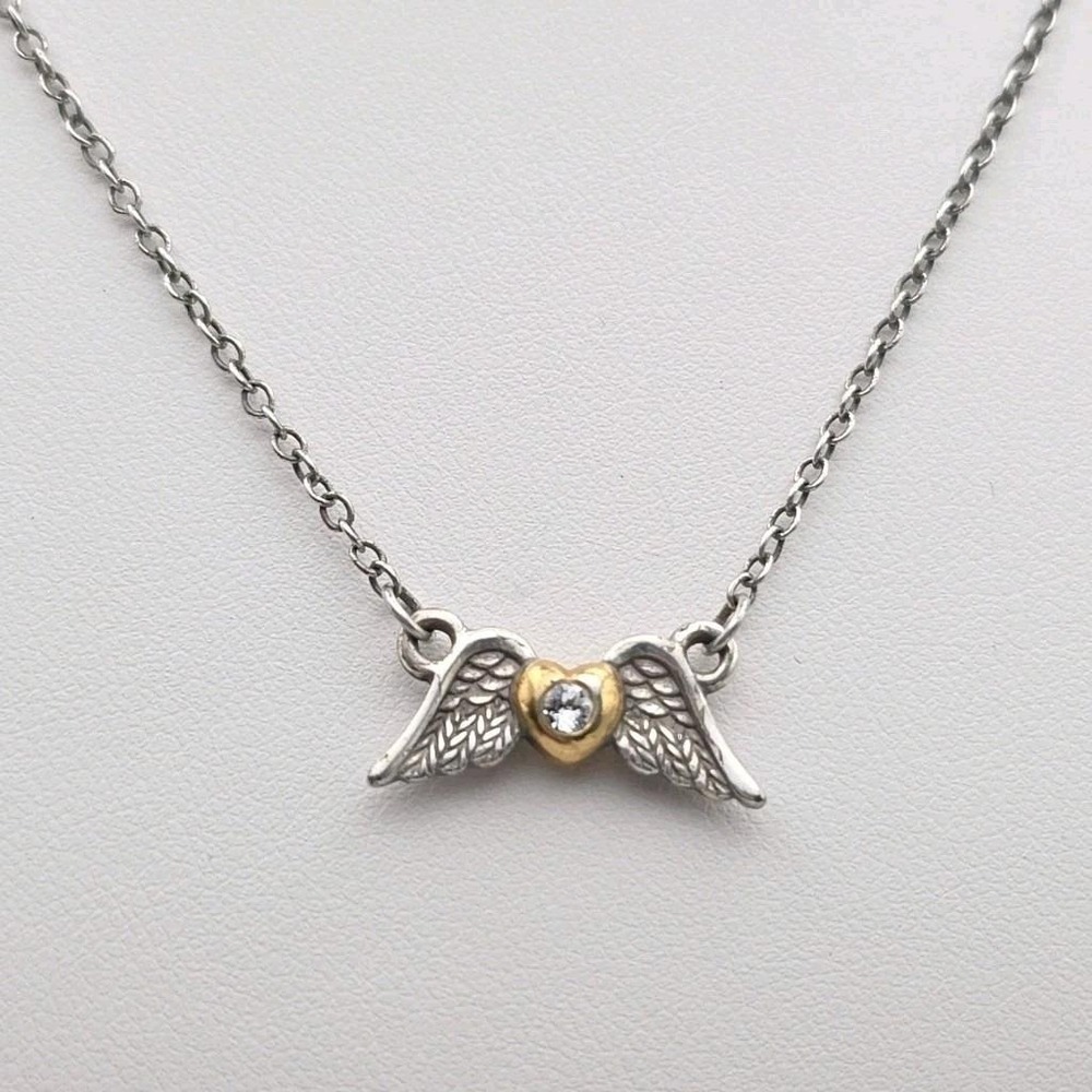 BRIGHTON 'Angel Wings' Necklace Crystal Accent Silver Plate Gold‎ Brushed 20"
